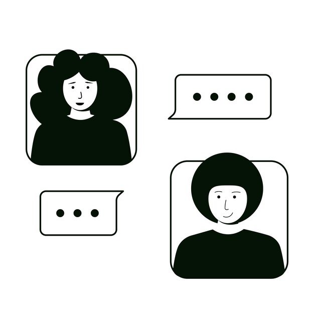 Conversación virtual entre dos personajes de dibujos animados con burbujas de habla en un diseño simplista