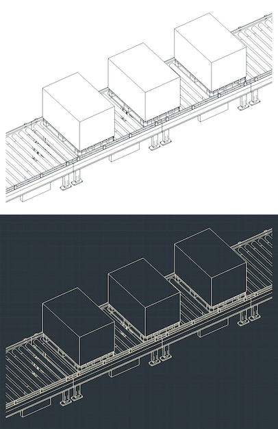 Conveyor line with boxes on pallets isometric drawings
