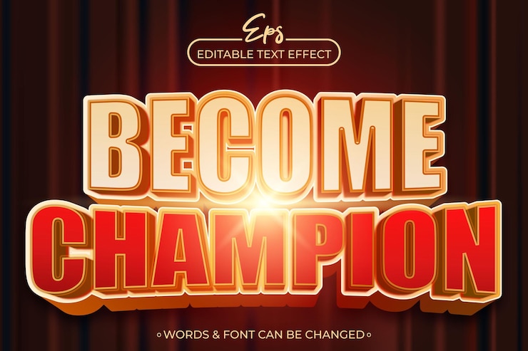 Vector conviértete en campeón de la plantilla de efecto de texto editable con color rojo y dios