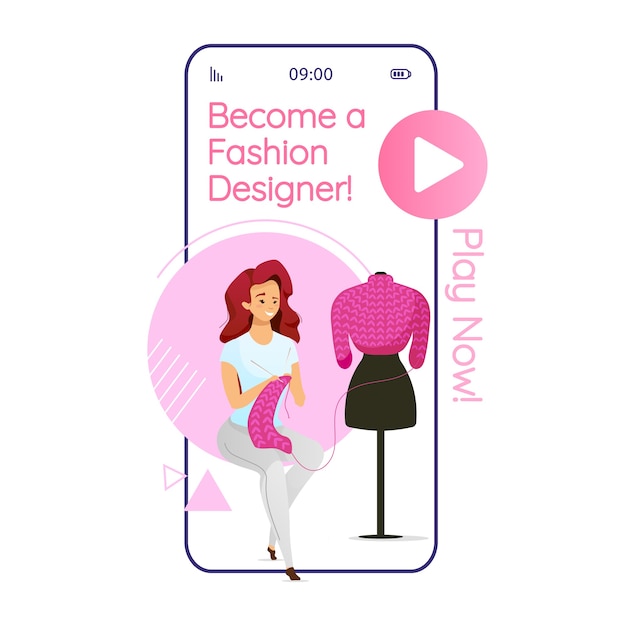 Conviértete en la pantalla de la aplicación de teléfono inteligente de dibujos animados de diseñador de moda. jersey de mujer. modista. pantallas de teléfonos móviles con diseño de personajes planos. aplicación linda interfaz de teléfono
