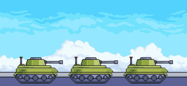 Vector convoy de pixel art de tanques de guerra en la calle con escena de vector de fondo de cielo azul para juego de 8 bits