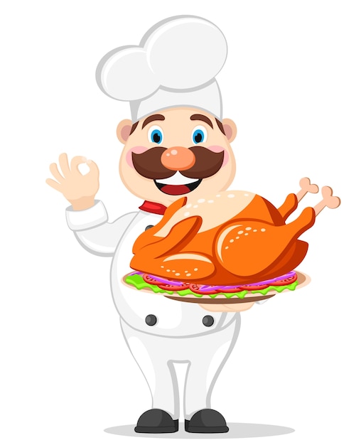 Cook sostiene un pavo asado en una bandeja y muestra la clase sobre un fondo blanco. Día de Gracias.