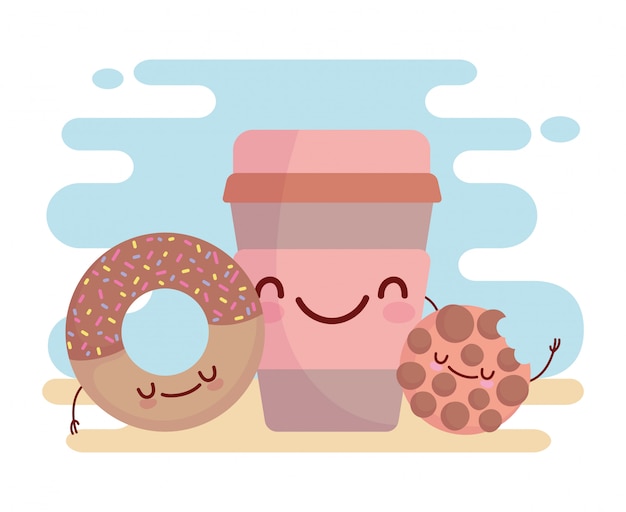 Cookie donut y taza de café menú personaje dibujos animados comida lindo