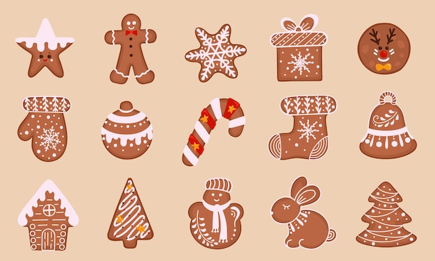 Vector cookie de pan de jengibre de navidad conjunto de galletas caseras de invierno ilustración dibujada a mano