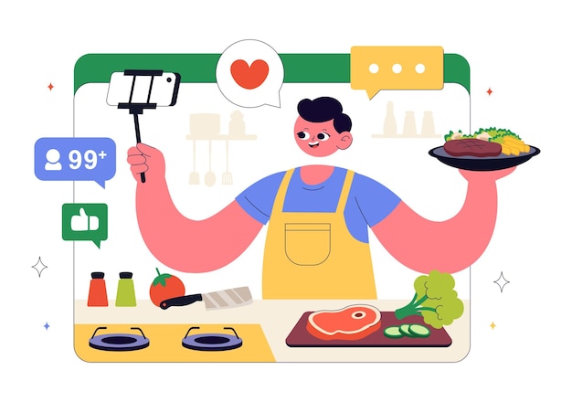 Cooking Blog Vector Illustration Featuring Young People Recording a Cooking Vlog and Preparing Food at Home in a Flat Style Cartoon Background