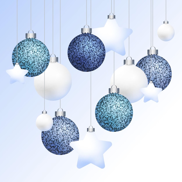 Vector cool bolas de navidad decorativas azules y blancas con brillo y elementos plateados