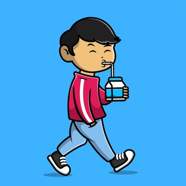 Cool boy walking with drinking milk cartoon vector icon ilustración