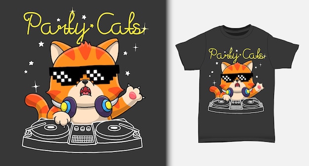 Vector cool cat disc jockey de dibujos animados con diseño de camiseta