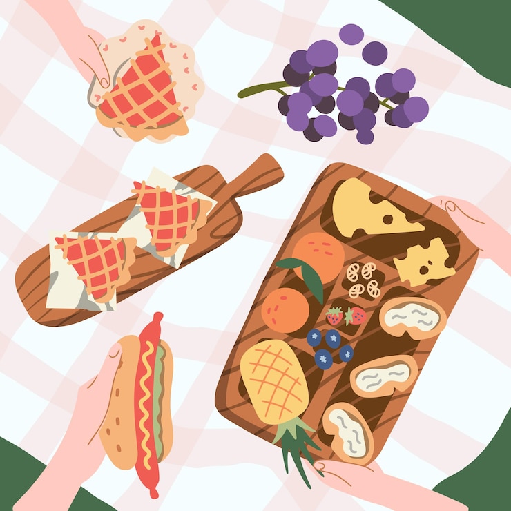 Vector cool concepto de picnic vectorial gráfico para las vacaciones de verano con pasteles perritos calientes vino pan fresco
