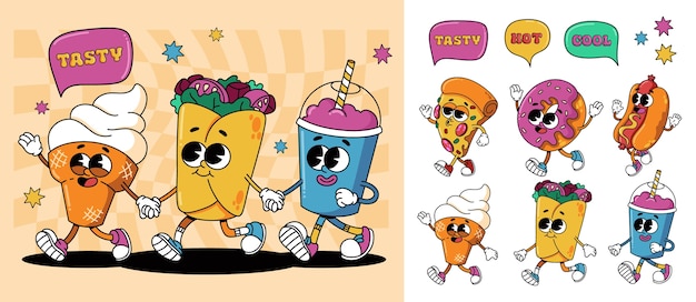 Cool dibujos animados dibujados a mano iconos y conjunto de ilustraciones