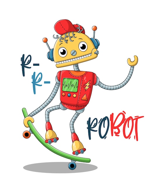 Cool divertido niño robot patinaje en patineta plano dibujos animados ilustración vectorial aislado en blanco