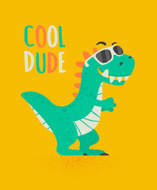 Cool Dude Dinosaur Tirannosaur Three Rex Cartoon Tirex Card para un niño Vector Cute and Funny Cartoon Hand Drawn Dinosaur with Sunglassess Children s Illustration Print para niños