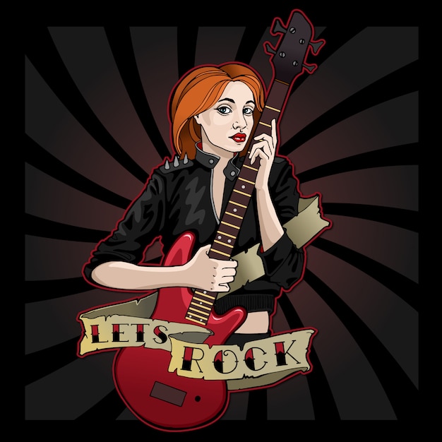 Vector cool girl con guitarra roja deja rock!