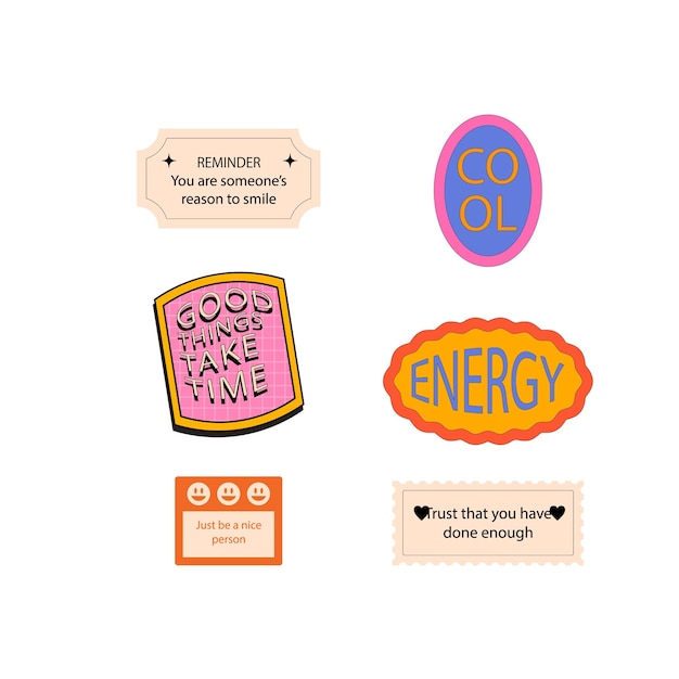 Cool Hand Drawn Groovy Retro Stickers Set Trendy Y2k Smile Patches Diseño vectorial Pop Art Impresión de laboratorio
