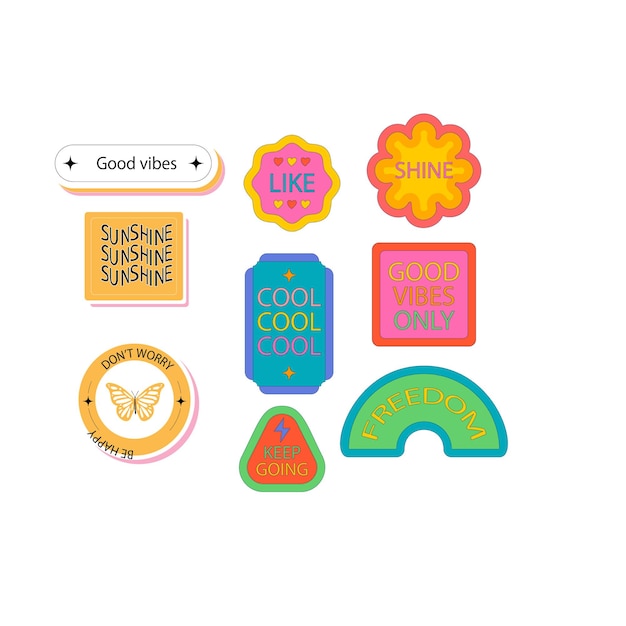 Cool Hand Drawn Groovy Retro Stickers Set Trendy Y2k Smile Patches Diseño vectorial Pop Art Impresión de laboratorio