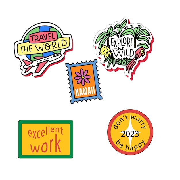 Cool Hand Drawn Groovy Retro Stickers Set Trendy Y2k Smile Patches Diseño vectorial Pop Art Impresión de laboratorio