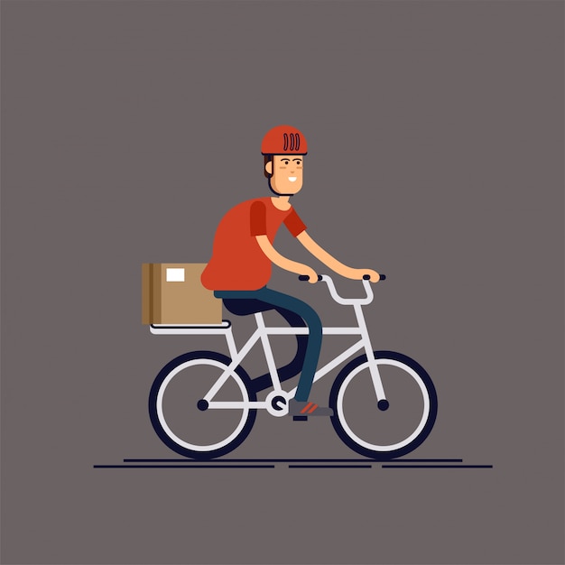 Cool hombre mensajero persona personaje montando bicicleta con caja de entrega. Servicio de entrega de bicicletas por mensajería. Entrega de correo multipropósito de la ciudad local