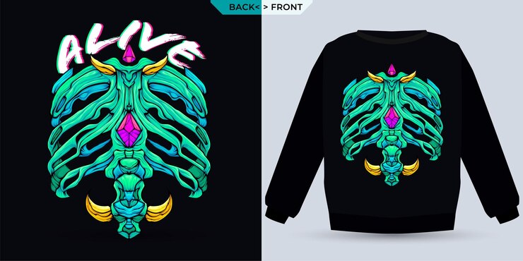 Vector cool human alien green robot bone shirt serigrafía en camiseta larga