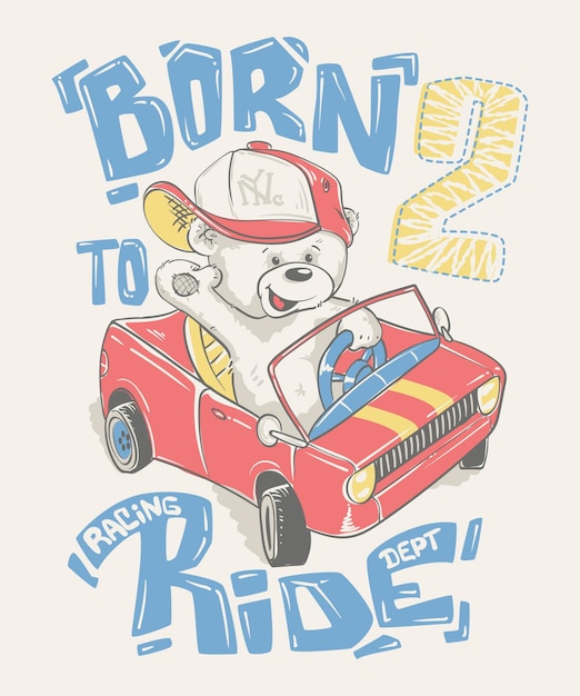 Cool osito con gorra conduciendo un coche de dibujos animados dibujado a mano