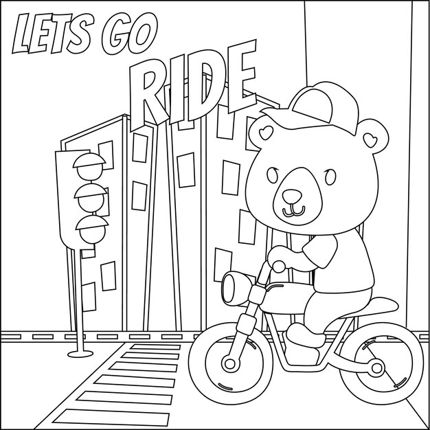 Cool oso y motocicleta divertidos dibujos animados de animales para colorear libro o página