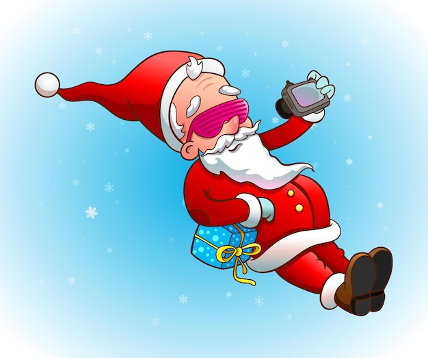 Cool santa claus en gafas de sol toma selfie en cámara de fotos. ilustración de vector para fiesta de navidad