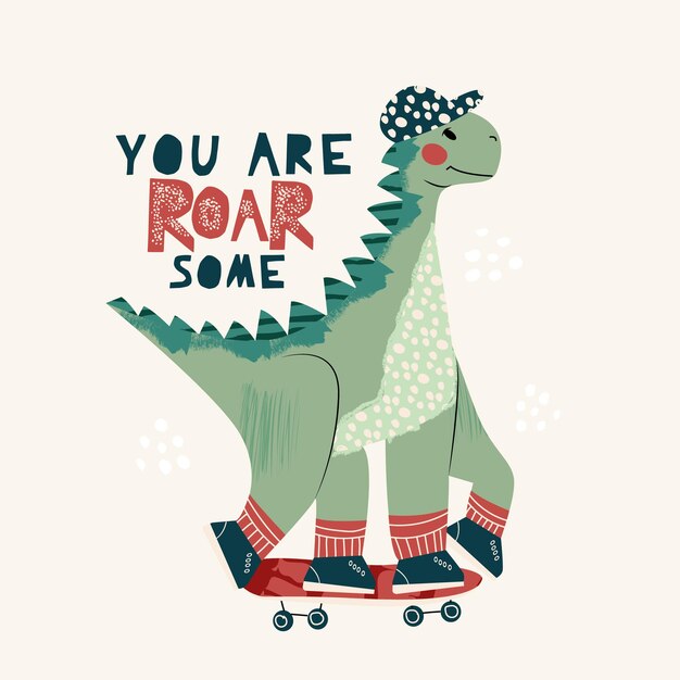 Vector cool skateboard dinosaur active skating dino boy cute dino lettering cita rugiente dibujo a mano ilustración vectorial de dibujos animados para niños aislados en el fondo para la tarjeta de diseño de afiches