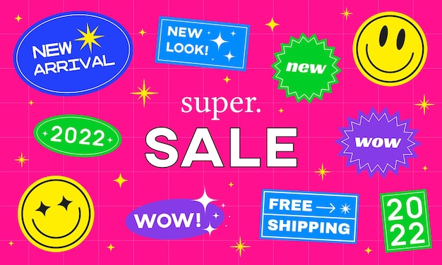 Cool Trendy Sale Stickers Banner Vector Ilustración. Insignias de nueva llegada, Wow, Super Sale, 2022. Ilustraciones cómicas.