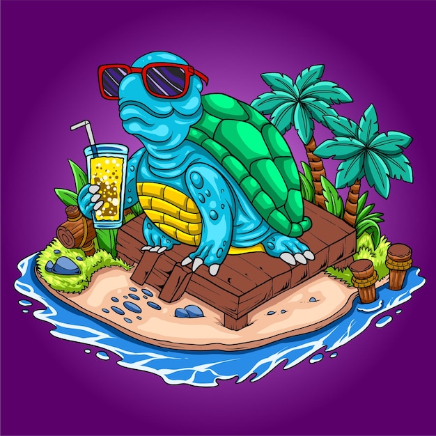Cool Turtle con bebida en la caricatura de la playa