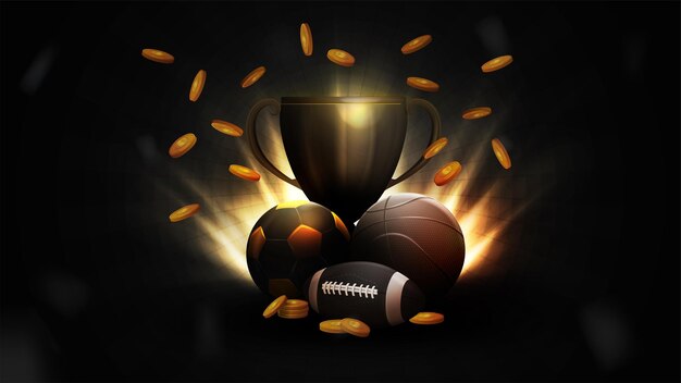 Copa de campeón negro bolas deportivas negras y monedas de oro que caen en un cartel de escena negra con elementos deportivos