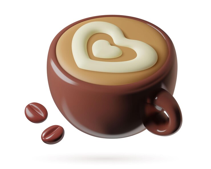 Vector copa de capuchino icono 3d con arte de latte de corazón de crema y grano de café