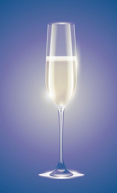 Vector copa de champagne transparente con vino blanco espumoso. fondo vintage retro violeta descolorido. tarjeta de felicitación de año nuevo u otro evento.
