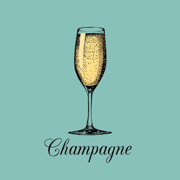 Copa de champán aislada vector boceto dibujado a mano de espumoso logotipo de bebida alcohólica un signo de vino espumoso blanco para el diseño del menú de la cafetería del restaurante bar