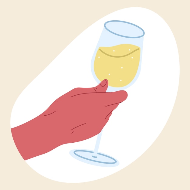 Copa de champán en la mano copa de vino de vino espumoso ilustración vectorial plana sobre fondo blanco