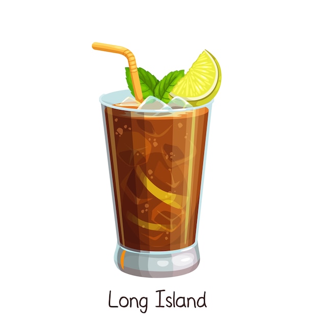 Copa de cóctel Long Island con rodaja de limón y hojas de menta en blanco. Bebida de alcohol de verano de ilustración en color.