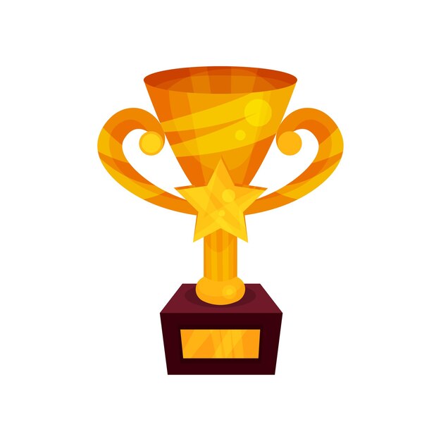 Copa ganadora de oro con estrella en un pedestal, vector de dibujos animados de premio de primer lugar dorado Ilustración sobre un fondo blanco