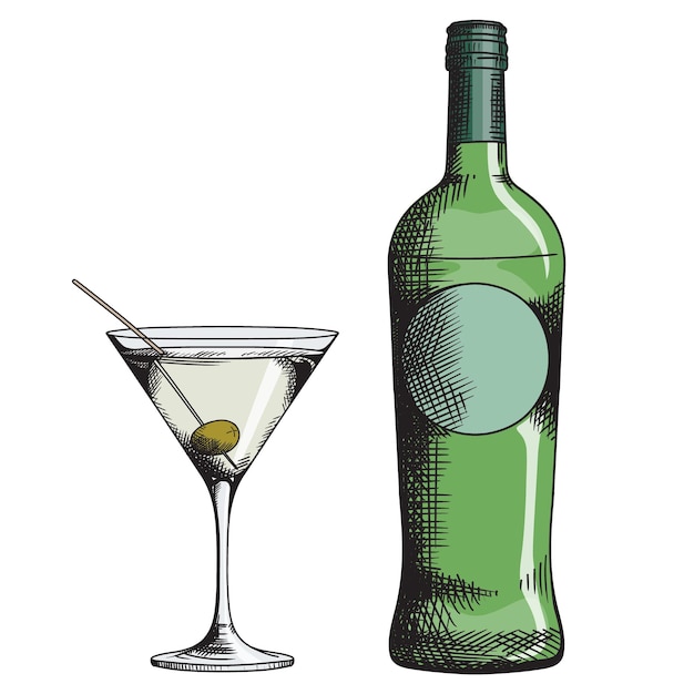 Una copa de martini con una aceituna y una botella verde con una etiqueta redonda ilustración de color dibujada a mano vectorial