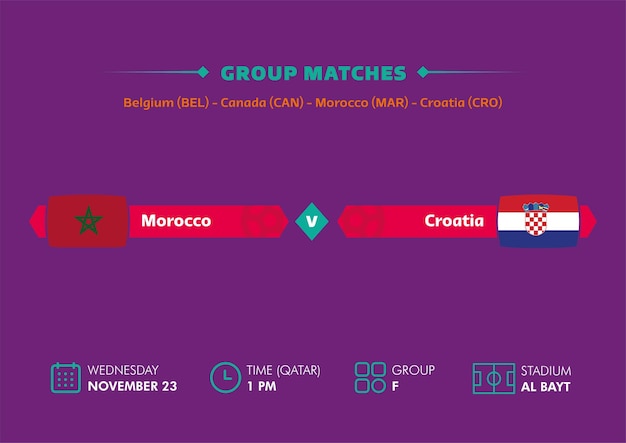 Copa mundial de fútbol, qatar 2022. calendario de partidos de marruecos vs croacia con banderas. copa mundial.