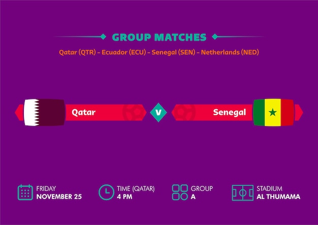 Copa mundial de fútbol, Qatar 2022. Calendario de partidos de Qatar vs Senegal con banderas. Copa Mundial.