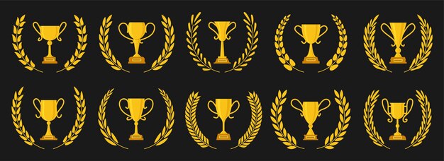 Copa de oro con corona de laurel conjunto plano Campeón premio de oro emblema heráldico Icono de trofeo de ganador de forma diferente Copas de liderazgo de victoria Signos de copa amarilla Símbolo de mejor elección Premio de campeonato