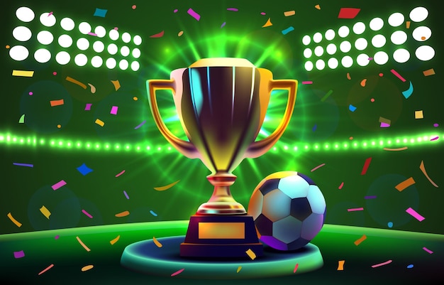 Copa de oro del ganador en el campo de fútbol Ilustración vectorial