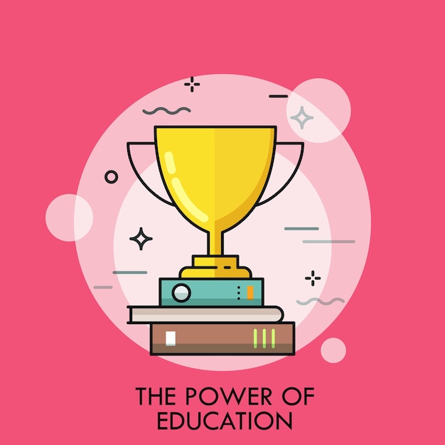 Copa de oro ganador de pie sobre una pila de libros. Concepto de poder de la educación, éxito del estudio.