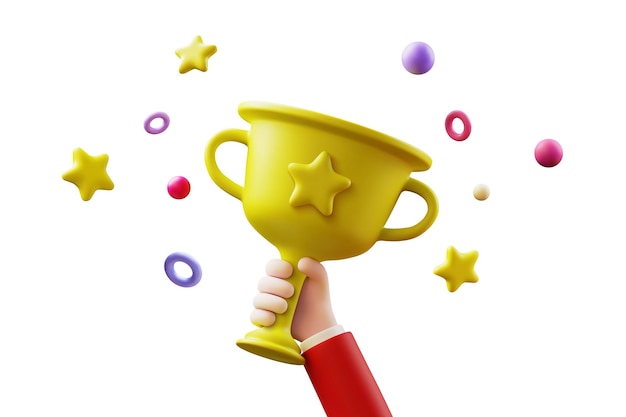 Copa de oro vectorial 3D en la mano Premio del trofeo del ganador