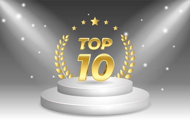 Copa del premio Top 10. Trofeo de oro con corona de laurel. Aislado en el podio del escenario blanco.