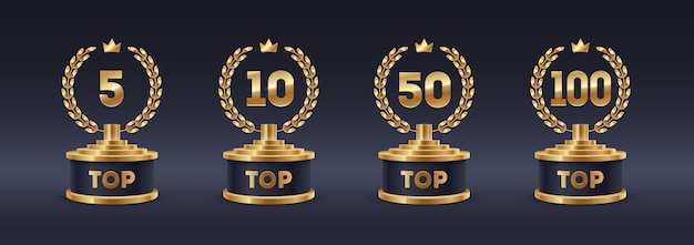 Copa de premio Trofeo de oro con corona de laurel y corona sobre fondo negro Ilustración vectorial
