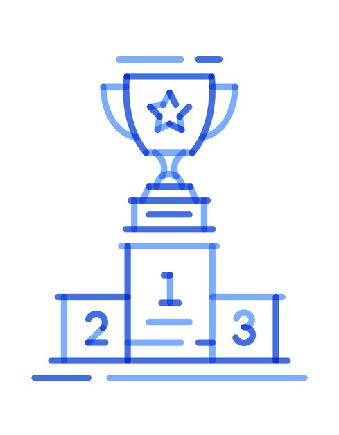 Copa de trofeo de línea de icono azul en la ilustración de vector de podio