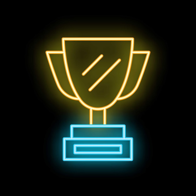 La copa del trofeo de neón brillante que brilla sobre un fondo negro