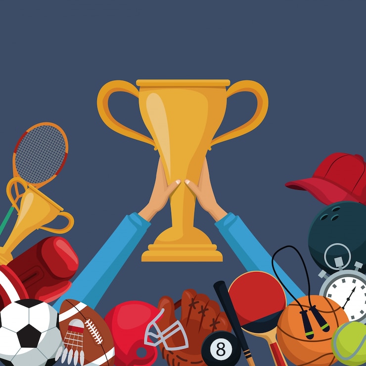 Vector copa de trofeo de oro con borde de iconos de deporte de elementos