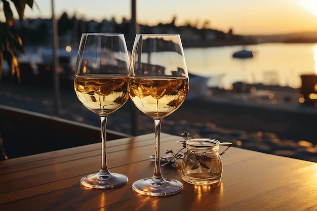 Vector una copa de vino blanco contra el atardecer una hermosa tarde de verano con vista al mar unas copas de cena de lujo