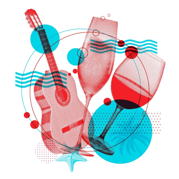 Una copa de vino de champán y una guitarra de estilo retro pop art
