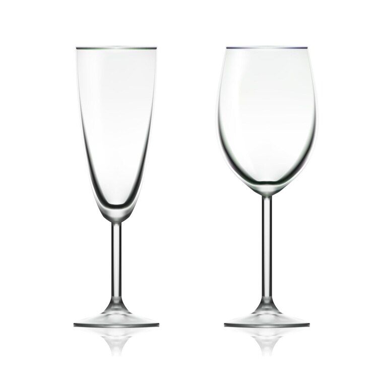 Vector copa de vino y champán vacía transparente aislada en blanco